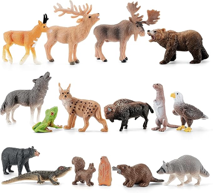 16PCS Mini North American Woodland Animals Figurines Toys, Realistic Jungle Wild Animal Figures with Wolf,Bear,Bison,Reindeer Cake Toppers Birthday Gift Party Favors Toys for Toddler Kids
