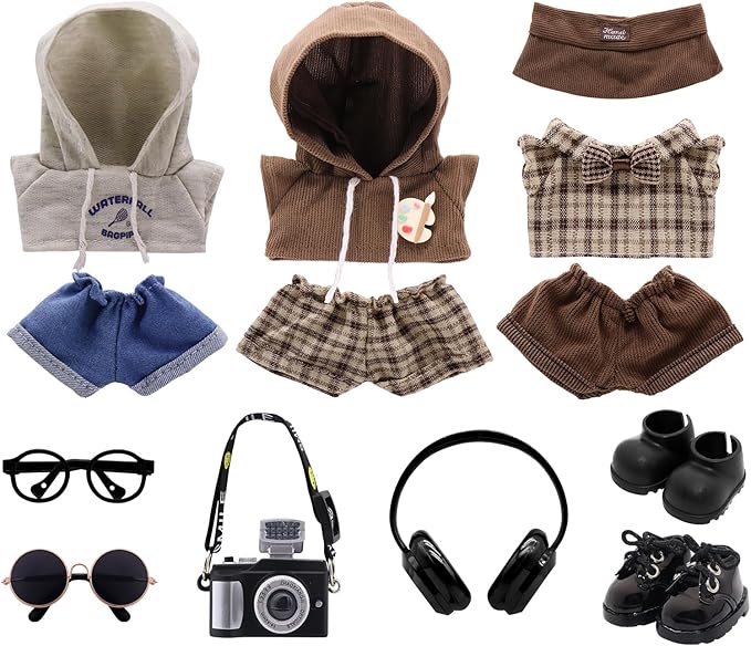 Clothes for Labubu, 9-Piece Clothes and Accessories Set Designed for Labubu Doll Clothes, Includes Glasses, Goggles, Boots, Leather Shoes, Headphones, Camera, and Accessories for Labubu - Style F