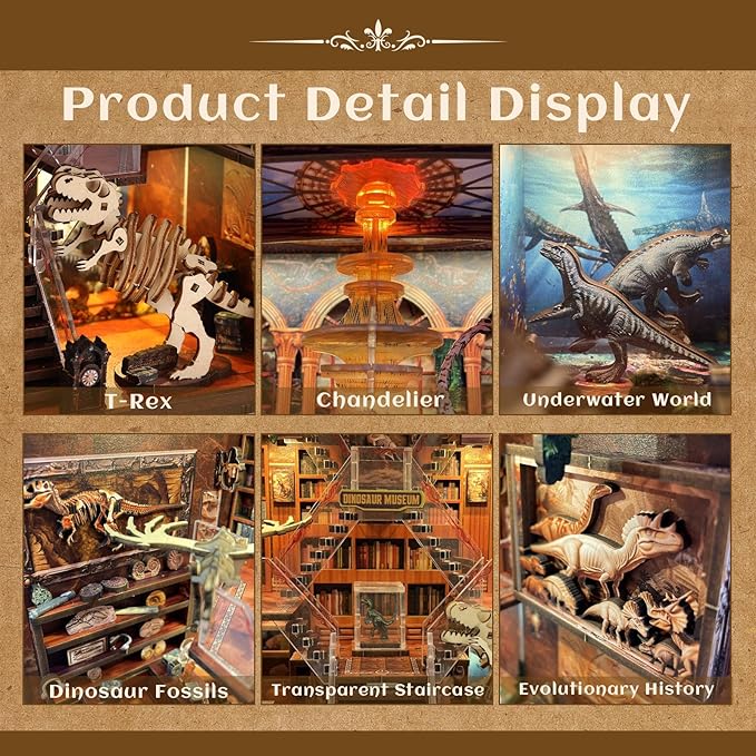 Book Nook Kit - DIY Booknook for Dinosaur Museum 3D Wooden Puzzle with LED Light, Stunning Bookshelf Decor, for Holidays, Birthdays & Home Libraries
