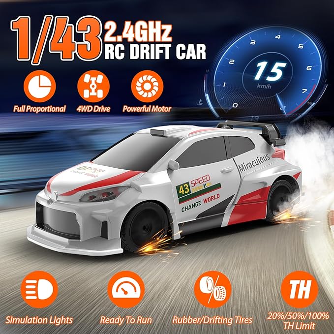 RC Drift car, 1/43 Mini Rc Drift car with Gyroscope, 2.4GHz Full Proportional Remote control Cars, 4WD High Speed Racing with Lights, Racing Tires, Model Cars Gift for Adults, Kids, Boys, Girls