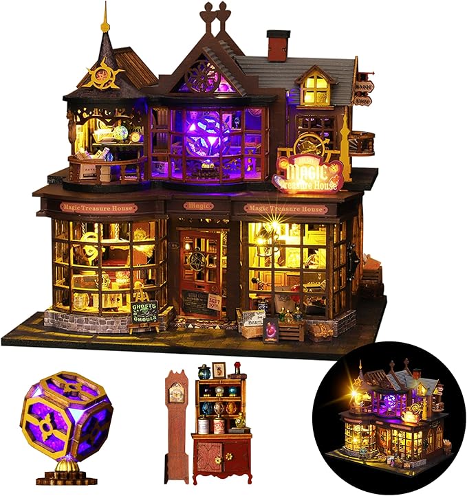 DIY Miniature House Kit, DIY Dollhouse Kit for Adults to Build, Mini House Kit with LED, Mayberry Street Miniatures, Ideal Gifts for Birthday, Halloween Christmas(Magic Treasure House)