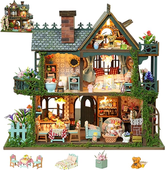 DIY Miniature House Kit - Wooden Miniature Dollhouse Kit with LED - Mini House Building Kit for Adults to Build - Tiny Model Doll House - Creative Craft Gift for Families Friends