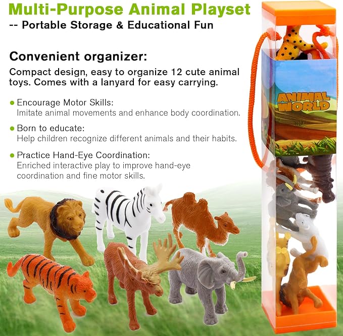 12 pcs Realistic Wild Jungle Animals Figurines Toys,Plastic African Jungle Animals Playset for Kids:Lion,Elephant,Giraffe-Ages 3, Gift for Christmas