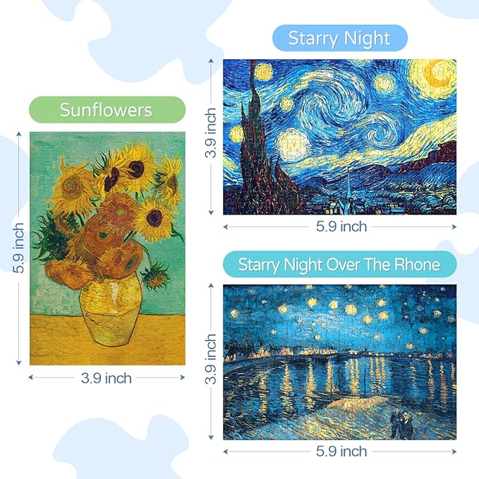 234 Pieces Mini Puzzles for Adults & Kids, 6'' x 4'' Small Puzzles Capsule Tube, Starry Night Over The Rhone Starry Night Sunflowers 3 Pack