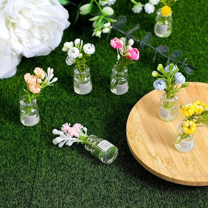 10 Pcs Dollhouse Miniatures Flowers Plants, 1:12 Tiny Small Glow in The Dark Glass Vase Flowers Plant House Decor, Faux Flower Model Miniature Dollhouse Accessories for Tiny Houses