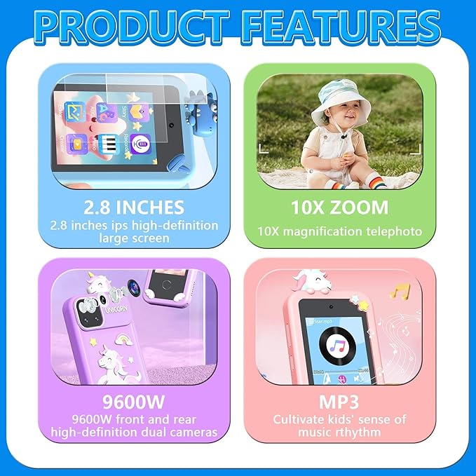 BEBESIRI Kids Camera Mini Smartphone Toy for Girls, 2.8" Touch Screen, 22 Learning Games, Dual Camera, Music Player, 32GB Card, Christmas Birthday Gift, (Blue Dinosaur)