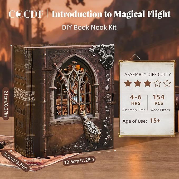 Book Nook Kit, DIY Miniature Dollhouse Magic Book for Adults and Teens, 3D Wooden Puzzle Bookends with Sensor Led Light, Gifts for Family, Friends (Introduction to Magical Flight)
