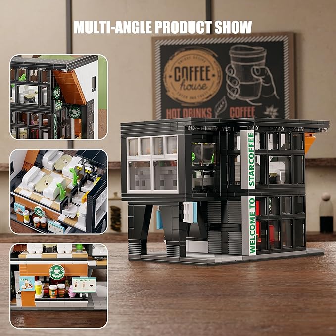 City Coffee Shop Building Block Set, 581PCS Architecture Model with Lights for Display & Decor, Realistic Cafe Toy, Christmas/Birthday Gift for Adults & Kids 8-12