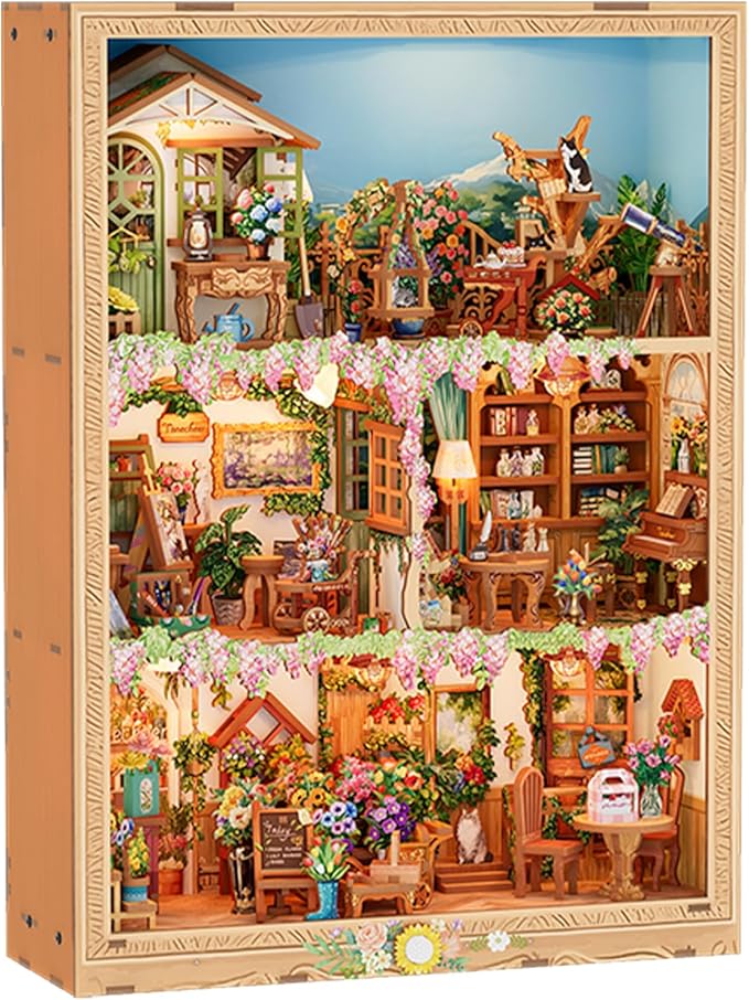 Tonecheer DIY Miniature House Kit, Book Nook Dollhouse Story Frame Kit Wooden 3D Puzzle, Wall Mountable Decor Diorama Model with Dust Cover and LED for Ideal Gift - Blossom Time