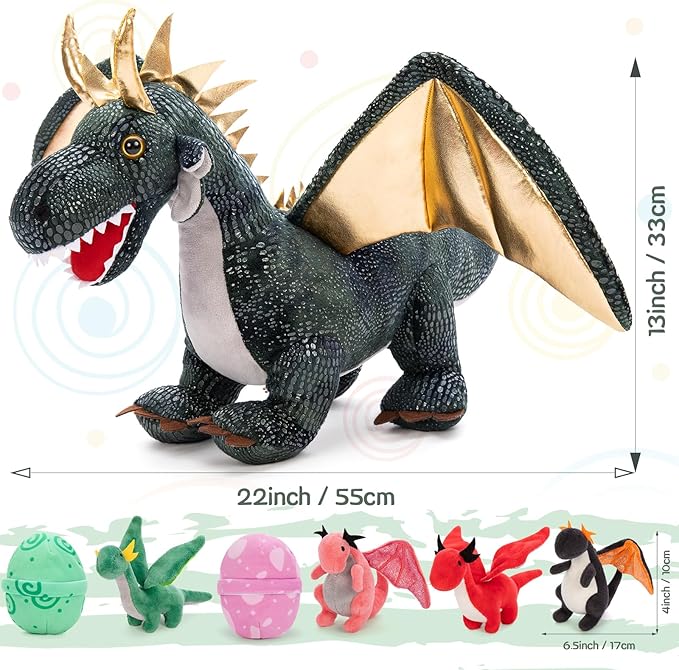 7Pcs Giant Dark Green Dragon Plush Toy, 21.7" Big Mother Dragon Stuffed Animal with 4 Babies & 2 Eggs, Stuffed Dinosaurs for Kids Boys Girls, Cute Soft Plushies Gift for Birthday Christmas