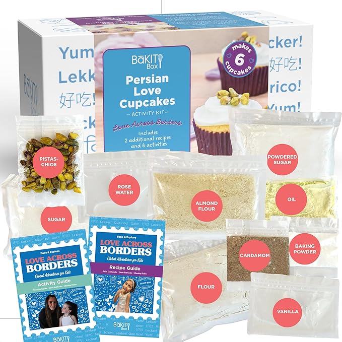 BāKIT Box Persian Love Cupcakes Baking Kit for Kids – Global Cultural Baking Activity Set with Recipe, Booklet & Premium Ingredients – Includes Rose Water, Cardamom & Pistachios – Ages 7–14