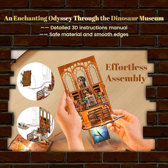 Book Nook Kit - DIY Booknook with LED Lights - 3D Wooden Puzzle for Adults - Bookshelf Insert Decor - Educational Gift for Family & Friends（Dinosaur Museum）