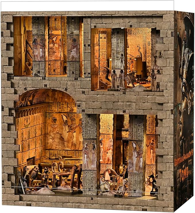 Book Nook Kit - DIY Miniature House Dollhouse Kit for Adults and Teens, 3D Wooden Puzzle Booknook Build Bookshelf Decor with LED Light, Gifts for Family and Friends (Egyptian Pharaoh's Tomb)