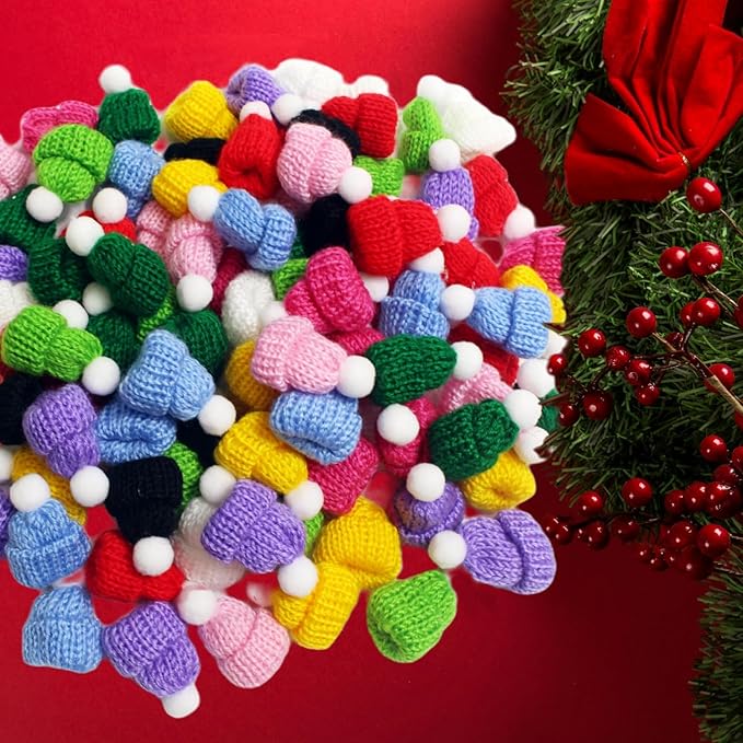 YGbridge Mini Santa Hats, 100PCS Mini Hats for Crafts, Christmas Tiny Hat Knitting Doll Hat for Christmas Craft Supplies, Tree Ornaments, Snowman Doll Decor, DIY Art Yarn (Multi-Color, 100PCS)