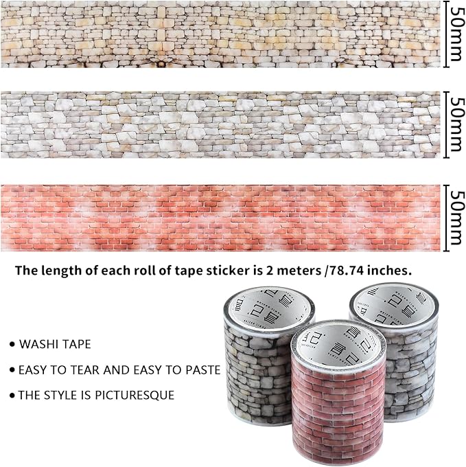 3 Rolls Miniature Dollhouse Wallpaper and Flooring Peel and Stick Mini Stone Brick Tile Tape Stickers DIY Self Adhesive Dollhouse Accessories