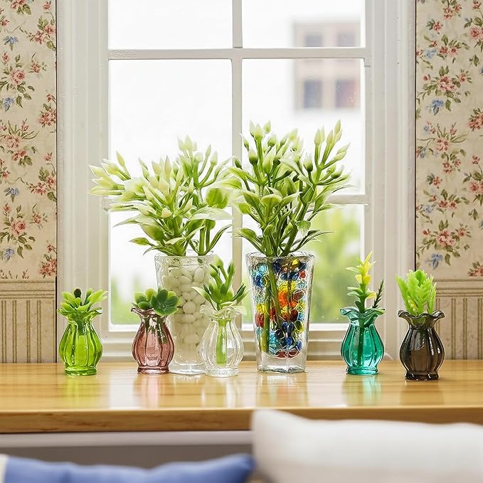 Miniature Dollhouse Plants 1/12 Scale – Miniature Potted Plants 4Pcs and Flower in Vase 10Pcs, Dollhouse Decoration Accessories, Mini Artificial Tiny Fake Greenery, Micro Landscape Furniture Decor
