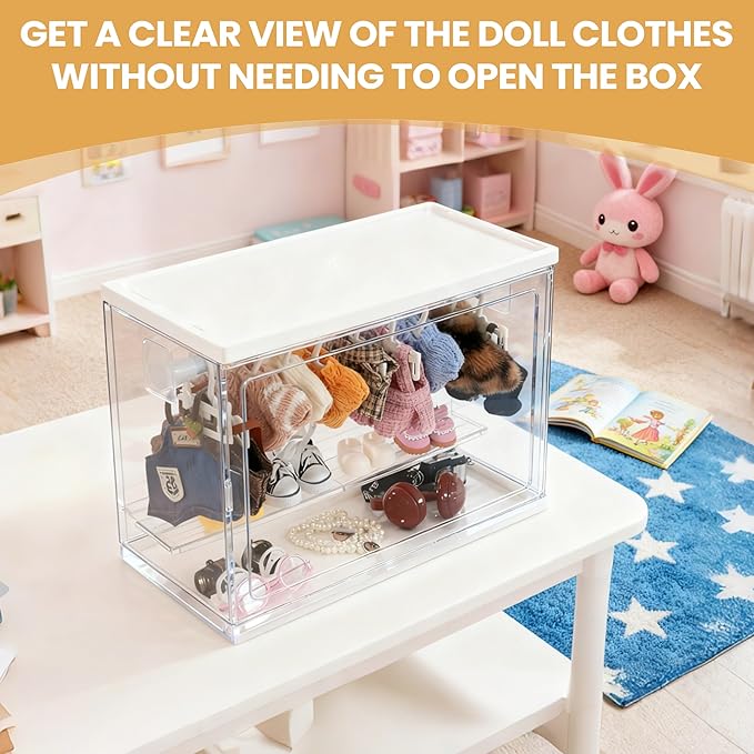 Clear Display Case Compatible with Labubu 15/17cm Doll Clothes & Accessories, Includes 10 Hangers, 1 Rod & 2 Supports, Stackable Doll Wardrobe Acrylic Organizer Shelf