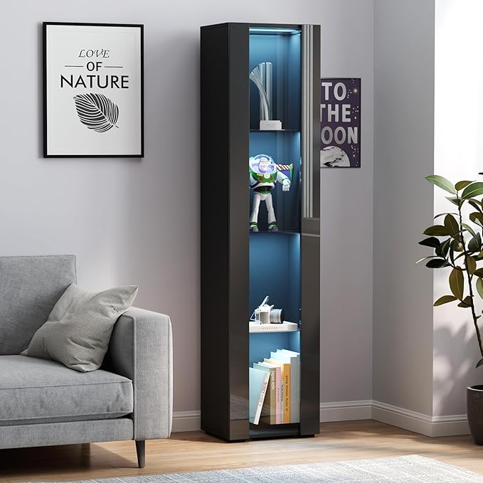 Pvillez 67" LED Display Cabinet with 4 Glass Shelves & 1 Door, Modern Curio Cabinet Collection Display Case Storage Cabinet, High Gloss Floor Standing Bookshelf for Living Room Bedroom Office (Black)
