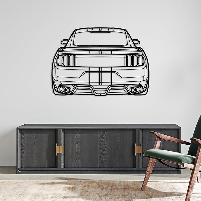 DecoSoul Mustang Metal Car Wall Art, Sports Car, Automotive Silhouette Line Decoration, Minimalist Sculpture for Garage, Indoor Outdoor Wall Hanging, Gift for Boyfriend (Black - 55 x 15.1” inch)