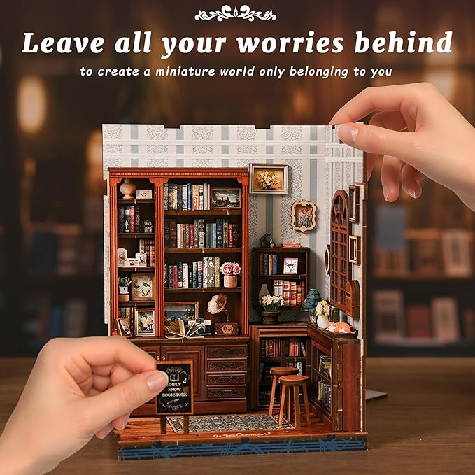 ISSEVE Book Nook Kit - DIY Miniature House Kit Book Nooks for Adults, Dollhouse Booknook Library Tiny House Bookshelf Decor 3D Wooden Puzzle Model Craft Kits Gift (Reading Room Bookstore)