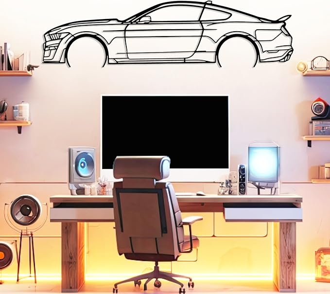 DecoSoul Mustang Metal Car Wall Art, Sports Car, Automotive Silhouette Line Decoration, Minimalist Sculpture for Garage, Indoor Outdoor Wall Hanging, Gift for Boyfriend (Black - 35 x 9.6” inch)