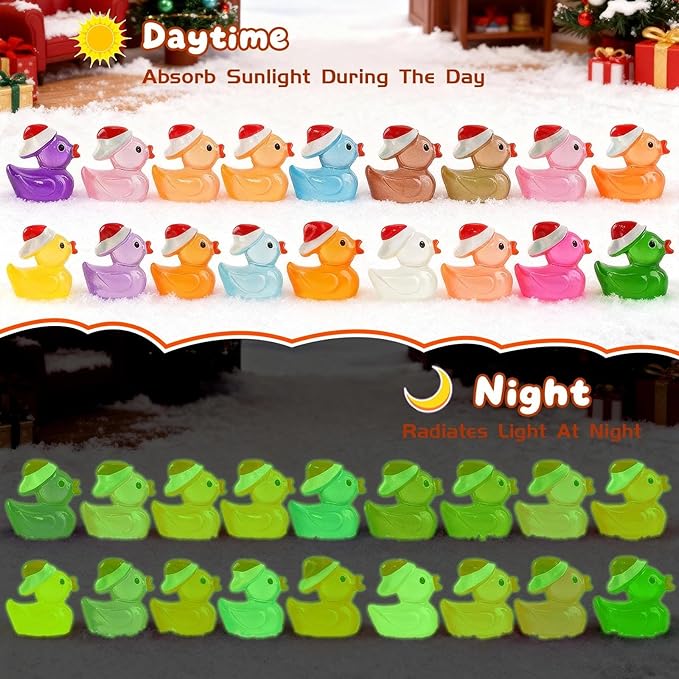 160Pcs Christmas Mini Resin Ducks Luminous Miniature Xmas Hat Animals Glow in The Dark Bulk for Micro Fairy Garden Dollhouse Decor Small Party DIY Slime Kit Prank Game Tiny Figure