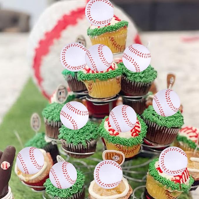 Rsstarxi 12 Pack 3D Baseball Cupcake Toppers for Sports, Baby Shower & Kids Birthday Parties