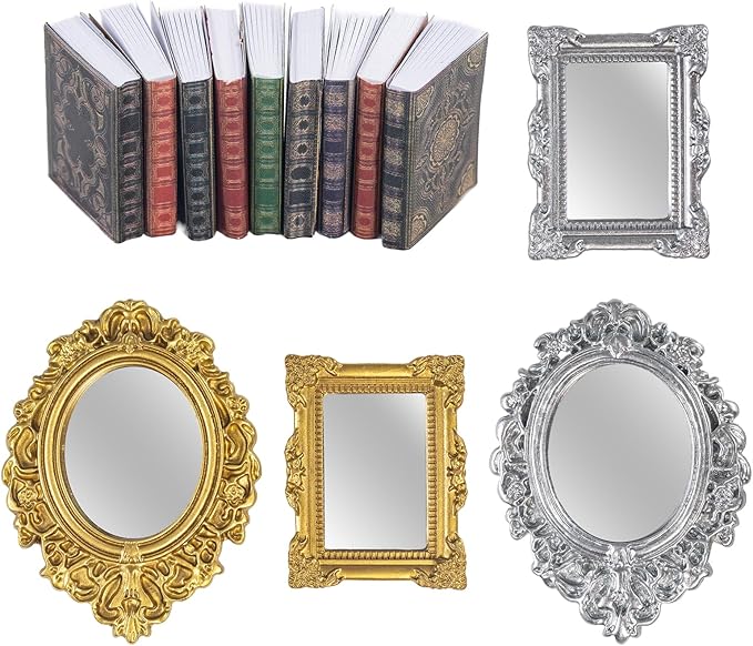 SAMCAMI Miniature Dollhouse Accessories, Mini Books and Mini Mirror for 1/12 Scale Doll House Accessories and Furniture, Miniature Things, 13 Pieces