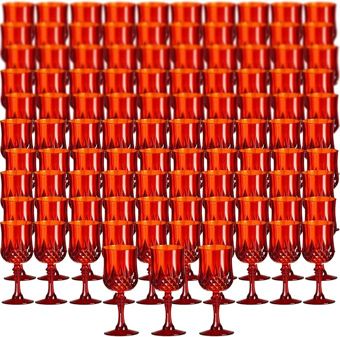 XKXKKE 100 Pcs Red Plastic Wine Glasses, Plastic Water Goblets for Parties, Stemmed Drinking Glasses for Wedding Reception, Grand Event Party Bar Supplies Reusable Drinking Cups