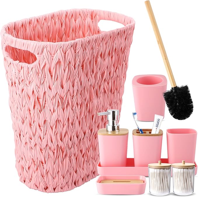 XLHOMO Bathroom Accessories Set with Wicker Trash Can, Pink Bathroom Accessories Pink Bathroom Sets Small Waste Basket Bathroom Trash Can for Bedroom Bathroom