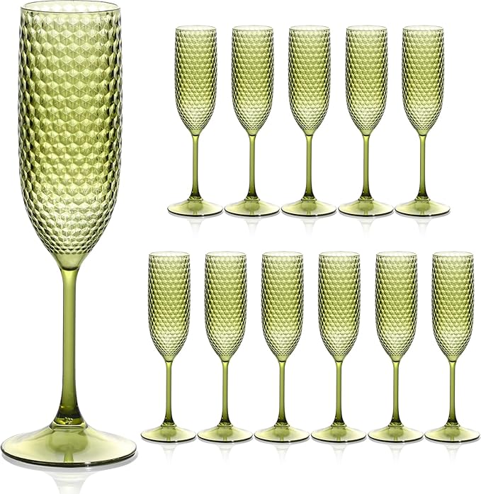 SKLENICE Plastic Champagne Flutes Champagne Glasses Unbreakable Wedding Toasting Glasses Reusable Diamond Wine Glasses Crystal Clear Party Wine Cups Vintage Drinking 5.5 OZ for Wedding (12, Green)