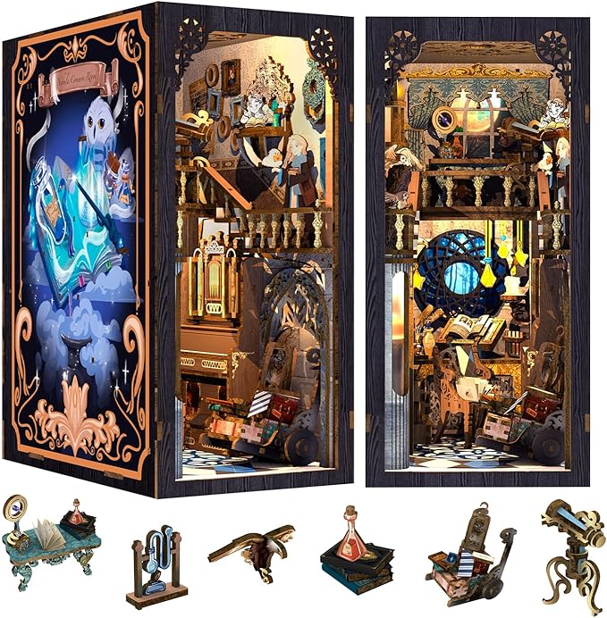 Cutefun Book Nook Kit for Adults, DIY Miniature House Dollhouse Kit for Adults and Teens, 3D Wooden Puzzle Booknook Bookshelf Insert Decor Gifts (Nebula Common Room)