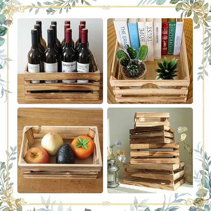 Large Wooden Crates Set of 4 Decorative Storage Box with Handles, Rustic Torched Brown Farmhouse Wooden Crates for Display, Organizer Container Baskets Box for Kitchen, Pantry, Bedroom