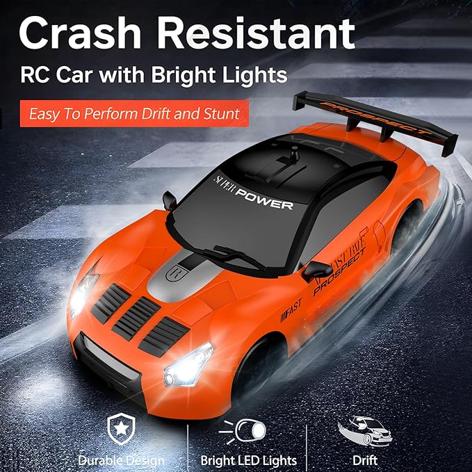 Remote Control Car RC Drift Car 2.4GHz 1:24 Scale 4WD 15KM/H High Speed Model Vehicle with LED Lights Drifting Tire Racing Sport Toy Car for Adults Boys Girls Kids Gift 2Pcs Rechargeable Batteries