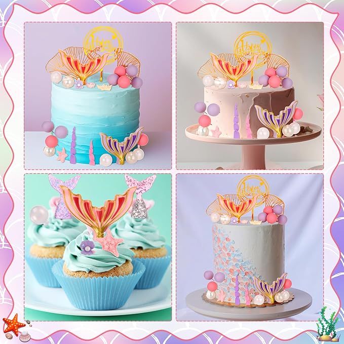 40 Pcs Mermaid Cake Topper - Mermaid Tail Cake Decorations with Seaweed Shells Starfish Under the Sea Cake Decorations for Birthday Party Decorations