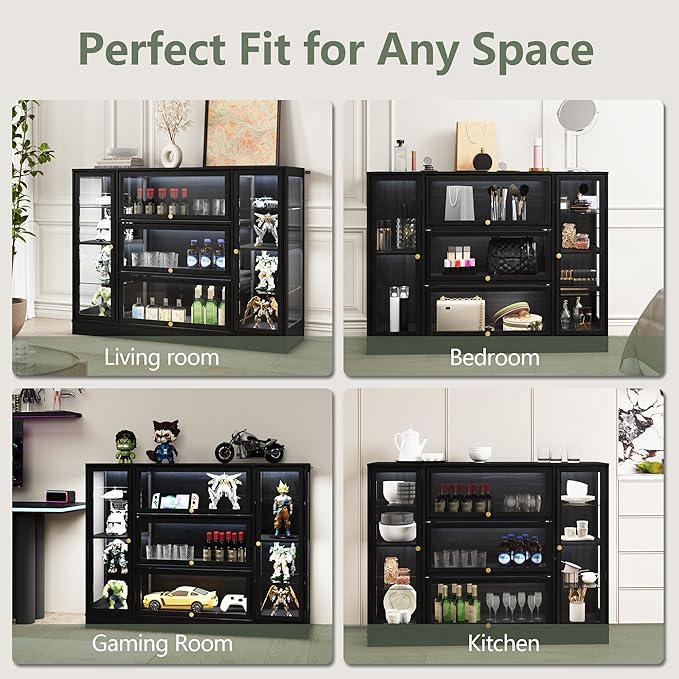 Display Cabinet with Acrylic Glass Doors,Extra Wide Curio Cabinet with LED Lighting for Collectibles, Collectibles Toy Organizers Rack & Display Shelf Display Case, Black