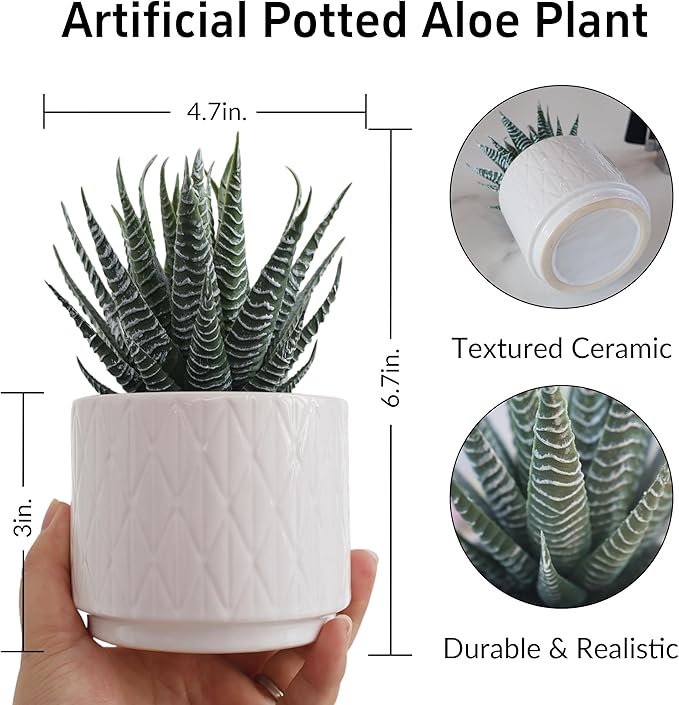 Artificial Succulent in Ceramic Pot, 6.7'' High Potted Fake Aloe Succulent Plant for Home Office Desk Bathroom Boho Shelf Decor, Realistic Faux Aloe with No Maintenance