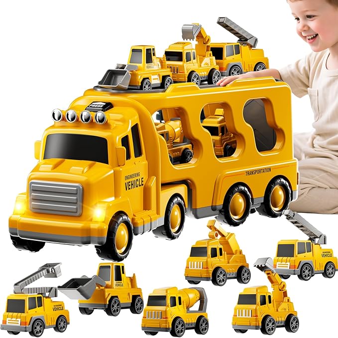 Construction Trucks Toys for 2 3 4 5 Years Old Boys - 7-in-1 Carrier Transport Vehicle Trucks for Kids 1-3 3-5, Car Toys with Light Sound, Birthdays Gifts Set for Kids Age 3-9