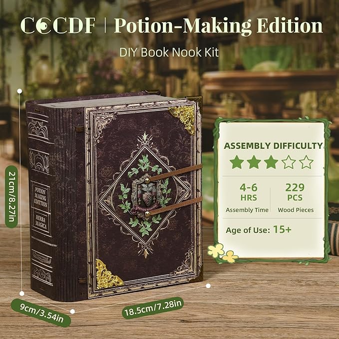 Book Nook Kit - DIY Magic Book Miniature Dollhouse Booknook Bookshelf Decor 3D Wooden Puzzle, Gifts for Family, Friends (Potion-Making Edition)