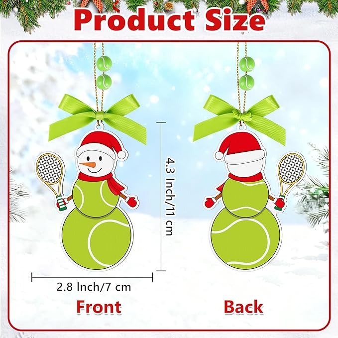 4.3 Inches Snowman Tennis Christmas Ornament, Wooden Tennis Snowman Tree Ornament Hanging Decoration for Rearview Mirror, Window, Eaves, Fireplace and Home Holiday Party Decor
