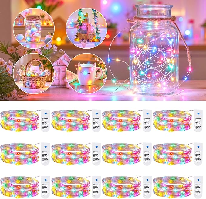 Minetom 12 Pack Pastel Christmas Lights, Easter Decor 7ft 20 LED Fairy Lights Battery Operated String Lights, Easter Decorations for Home, 8 Modes Timer Waterproof Silver Wire Twinkle Lights