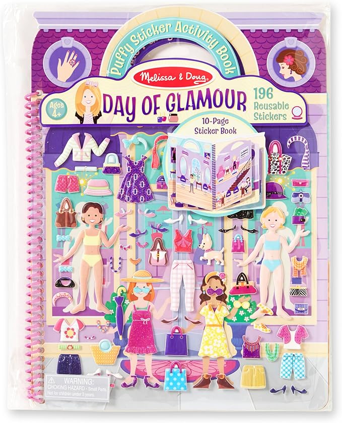 Melissa & Doug Day of Glamour Puffy Sticker Activity Book – 196 Reusable Stickers with 10 Pages of Background Scenes, Fashion-Themed Mess Free Travel Toys for Kids Ages 4+ - FSC Certified