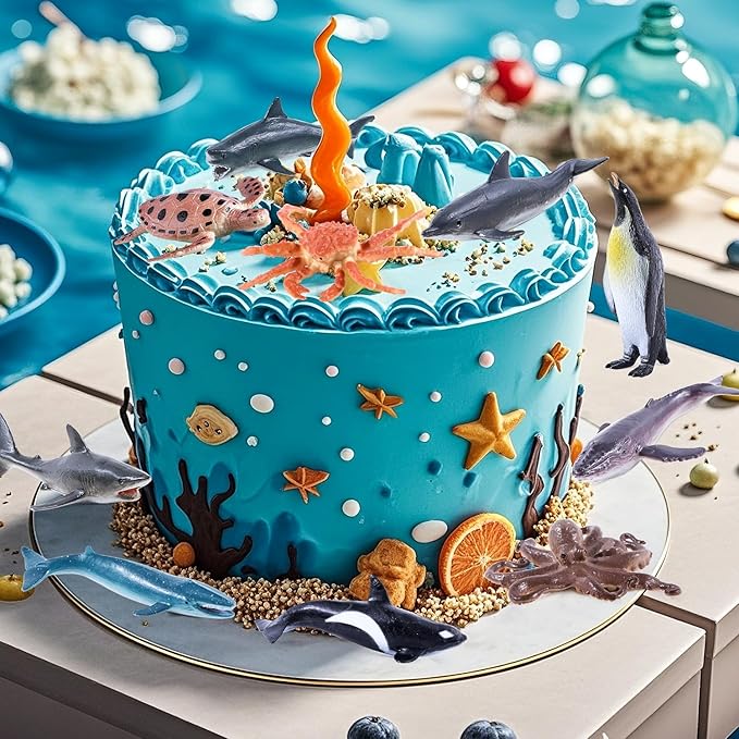 12Pack Sea Animal Figures Cake Topper, Assorted Ocean Creature Realistic Shark Whale Octopus Turtle Crab Manta Penguin Figurine for Kids Education Birthday Decorations Party Favors