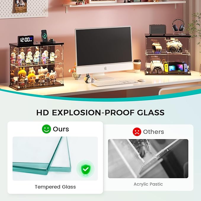 2pcs LED Clear Glass Display Case - for Figures & Collectibles, Small 2-Tier Display Cabinet with Charging Station, Display Box with Lights & Human Sensor, for Model Car, Perfume, Black