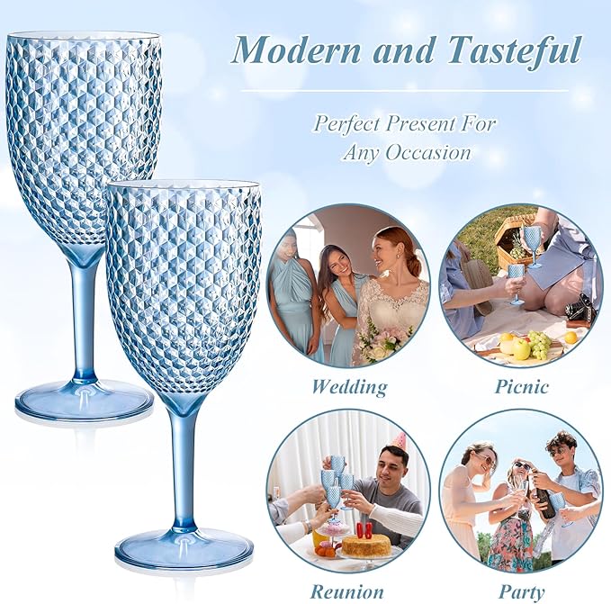 24pcs Blue Plastic Wine Glasses 13.5oz Reusable Acrylic Wedding Goblets Toasting Glassware Unbreakable Wine Cups with Long Stem Crystal Drinking Glasses Champagne Flutes for Bar Restaurants Party