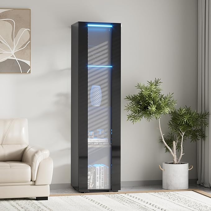 Pvillez 67" LED Display Cabinet with 4 Glass Shelves & 1 Door, Modern Curio Cabinet Collection Display Case Storage Cabinet, High Gloss Floor Standing Bookshelf for Living Room Bedroom Office (Black)