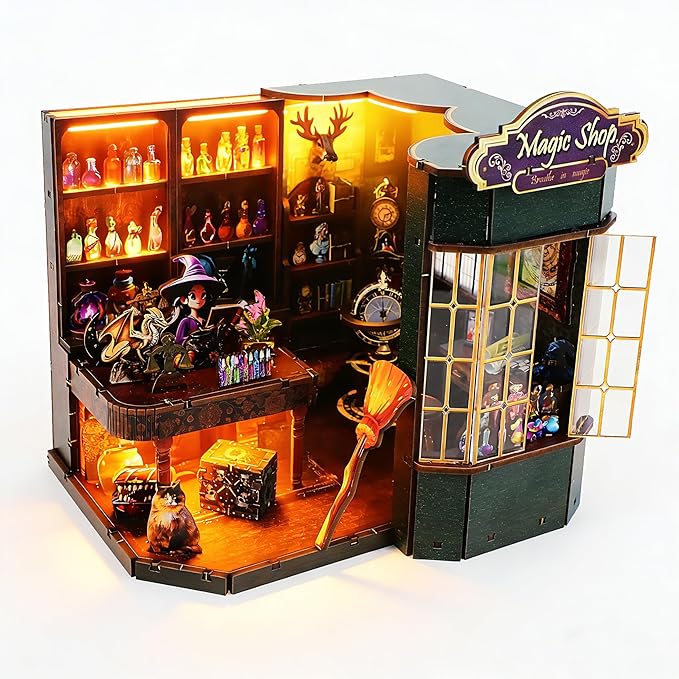 Book Nook Kit - DIY Miniature House Dollhouse Kit for Adult and Teens, Tiny House Bookshelf Decor 3D Wooden Puzzle with LED Lighting, Gifts for Family, Friends (Magic Shop)