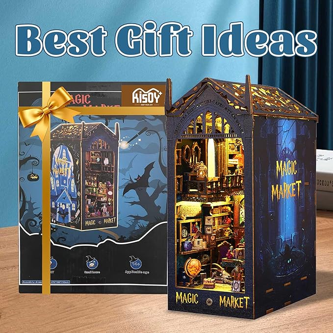 Kisoy Book Nook Kit, 3D Wooden Puzzle Booknook Build Bookshelf Decor, DIY Miniature House Kit for Adults and Teens, Mini House Arts & Craft Gifts for Family and Friends (Magic Market)