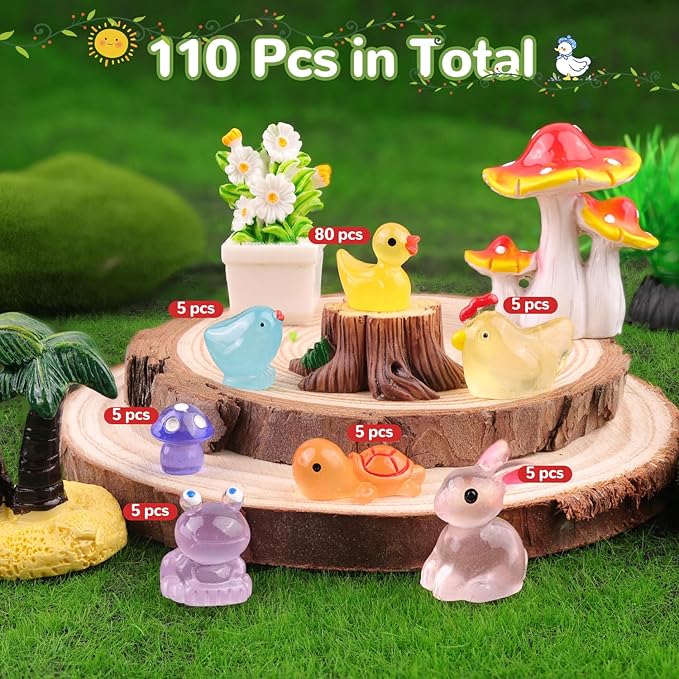 110PCS Mini Resin Animals Tiny Cute Figurines Glow in Dark, Miniature Figures to Hide, Little Animal Small Accessories for Topper Desk Garden Dollhouse Landscape Aquarium Ornaments Crafts & Decor