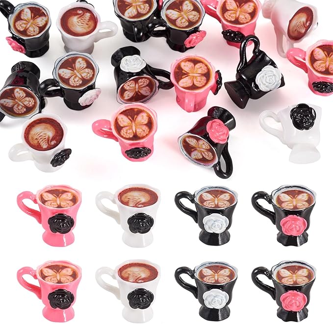 16Pcs Resin Mini Coffee Cups Miniature Things Kitchen Set Drink Food Rose Coffee Mug Butterfly Latte Art Tableware Dollhouse Ornaments for Desktop Decorations Crafts 25x21x20mm
